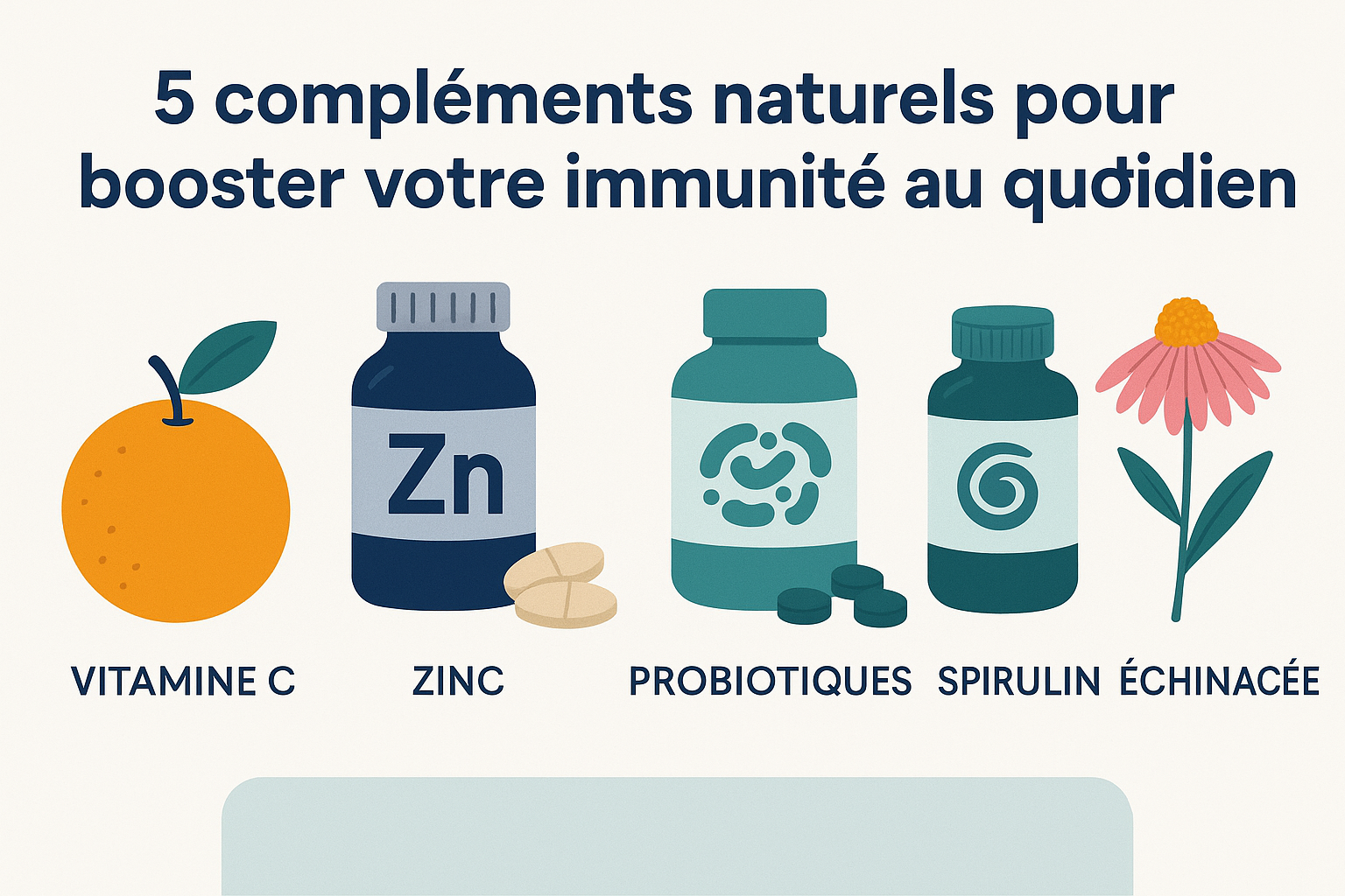 Illustration horizontale présentant 5 compléments naturels pour renforcer l’immunité : vitamine C, zinc, probiotiques, spiruline et échinacée, avec des icônes colorées sur fond clair.