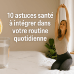 Femme souriante prenant un petit-déjeuner équilibré et faisant des étirements matinaux dans une ambiance lumineuse, symbolisant une routine santé quotidienne.