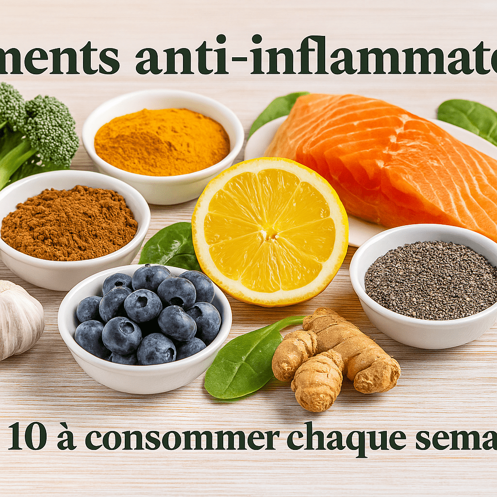 Photographie d’ingrédients anti-inflammatoires incluant citron, curcuma, gingembre, myrtilles, ail, cannelle, saumon, graines de chia et brocoli sur fond clair