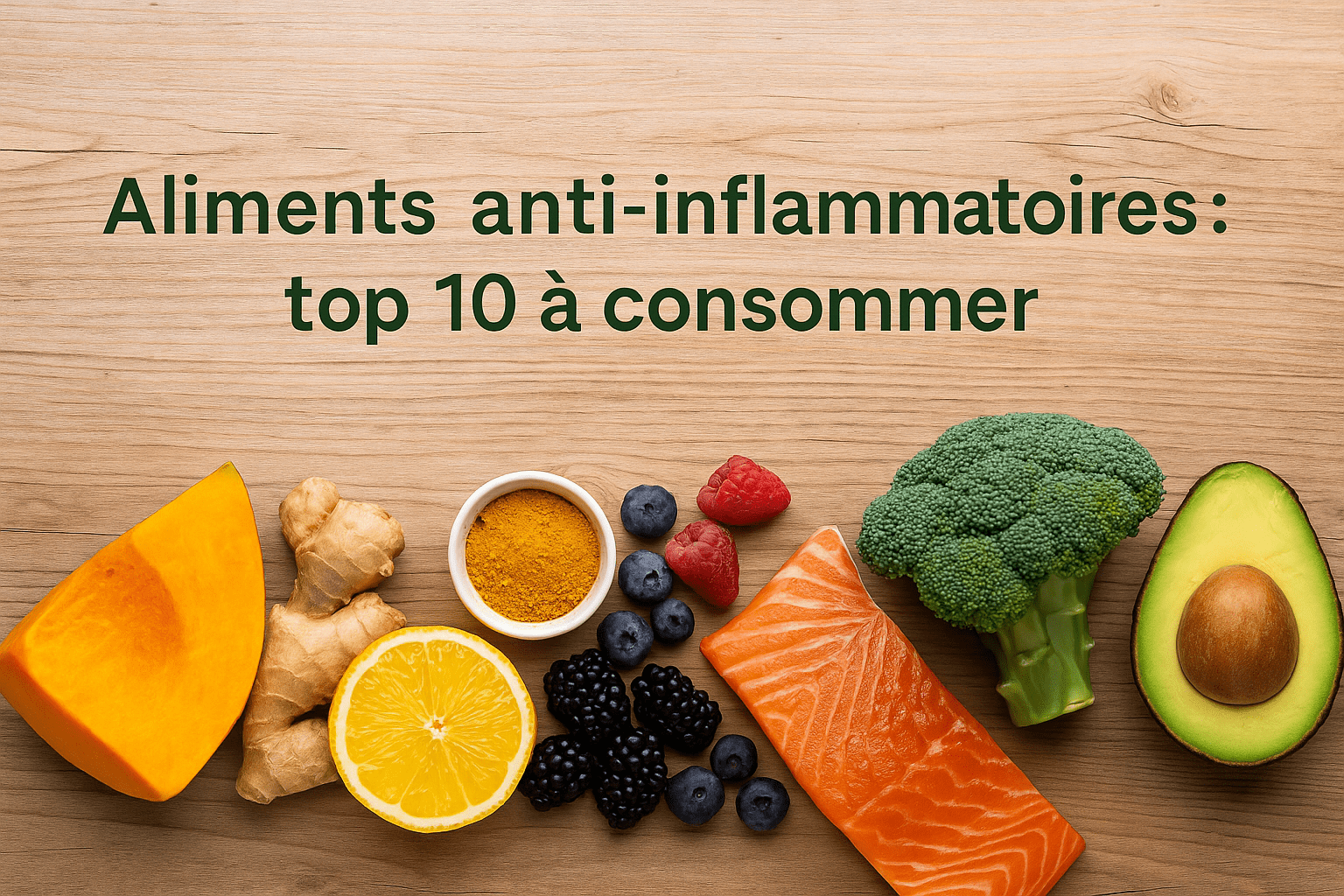 Image d’aliments anti-inflammatoires naturels posés sur une table en bois rustique, incluant curcuma, gingembre, baies, légumes verts et huile d’olive.