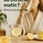 Verre d’eau citronnée posé sur une table en bois avec une femme en arrière-plan buvant, illustrant les bienfaits du citron le matin.