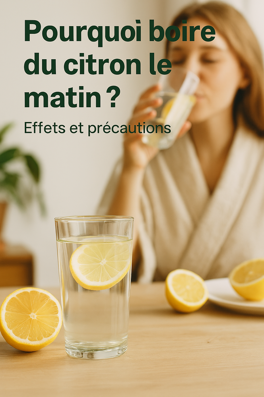 Verre d’eau citronnée posé sur une table en bois avec une femme en arrière-plan buvant, illustrant les bienfaits du citron le matin.