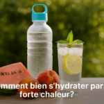 Ensemble d’objets liés à l’hydratation en période de canicule : bouteille d’eau, fruits riches en eau, et brumisateur sur fond estival.