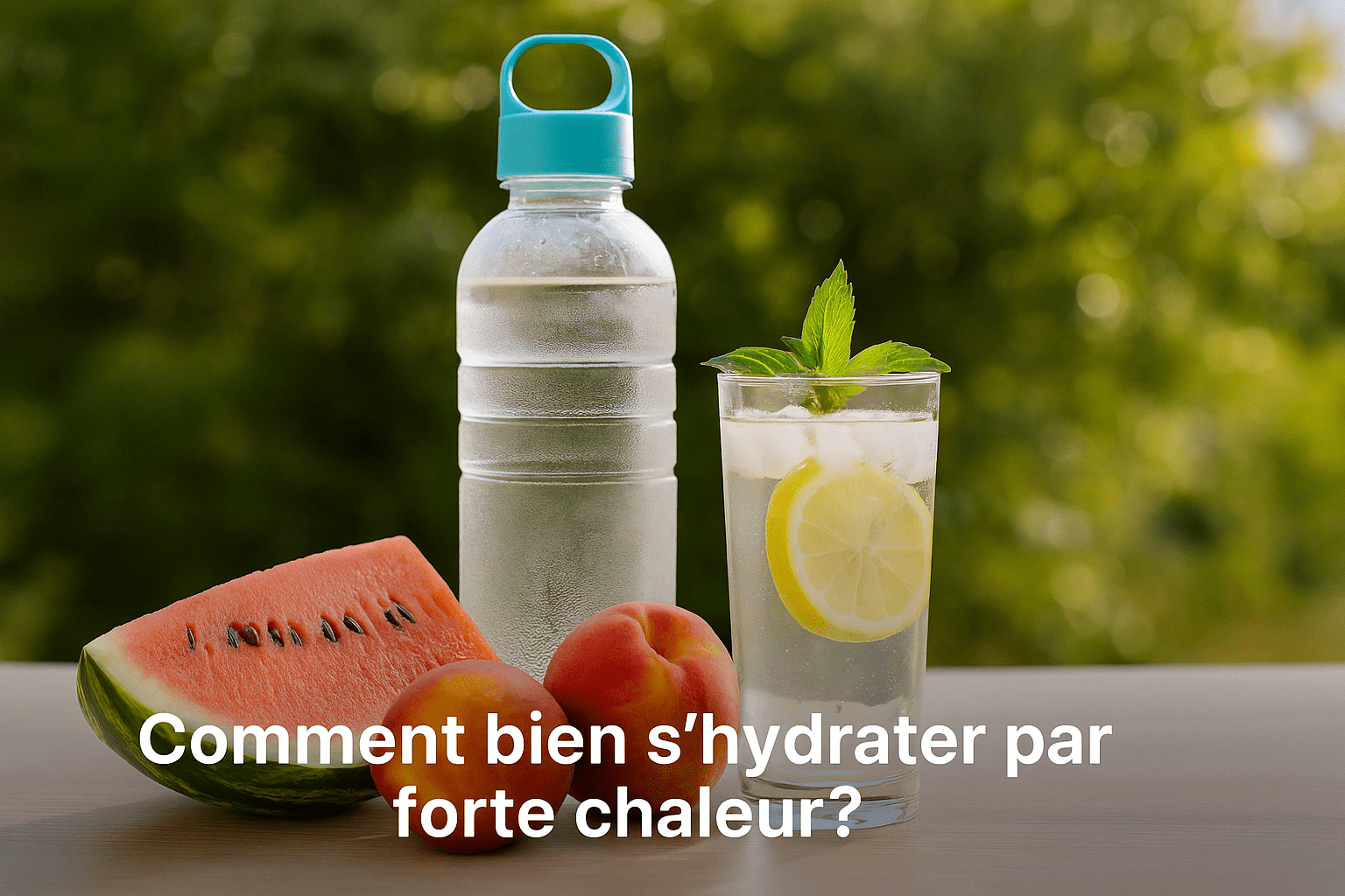 Ensemble d’objets liés à l’hydratation en période de canicule : bouteille d’eau, fruits riches en eau, et brumisateur sur fond estival.
