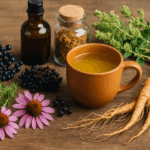 Composition de plantes médicinales comme l’échinacée, le thym, le sureau noir et le ginseng, posées sur une table en bois, avec flacons et infusions – remèdes naturels pour stimuler les défenses immunitaires.
