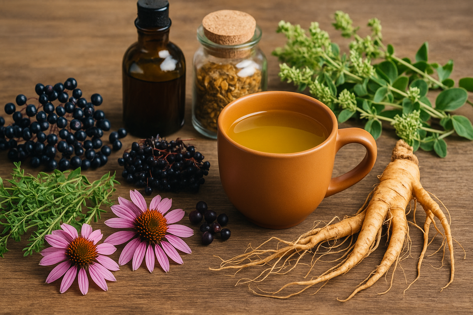 Composition de plantes médicinales comme l’échinacée, le thym, le sureau noir et le ginseng, posées sur une table en bois, avec flacons et infusions – remèdes naturels pour stimuler les défenses immunitaires.